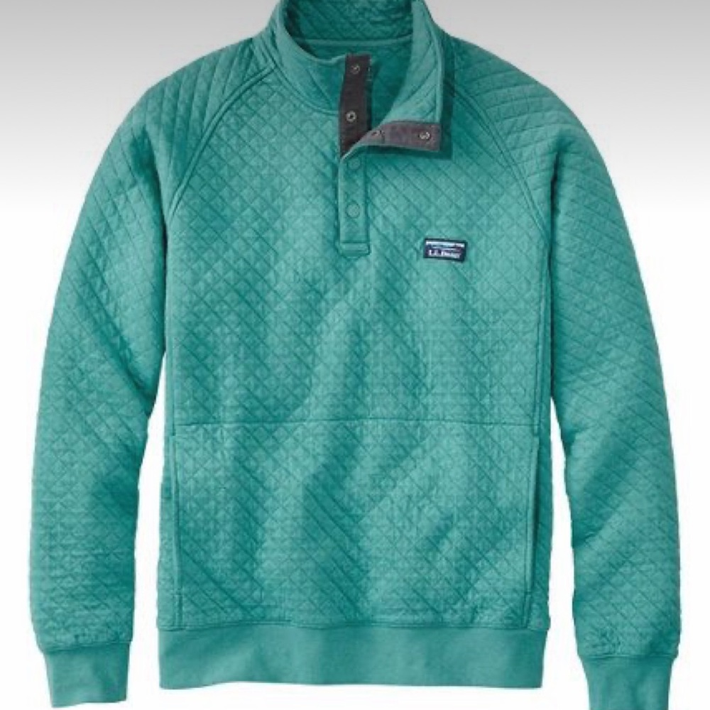 L L Bean Quilted Sweater Quarter snap button teal turquoise blue size small
